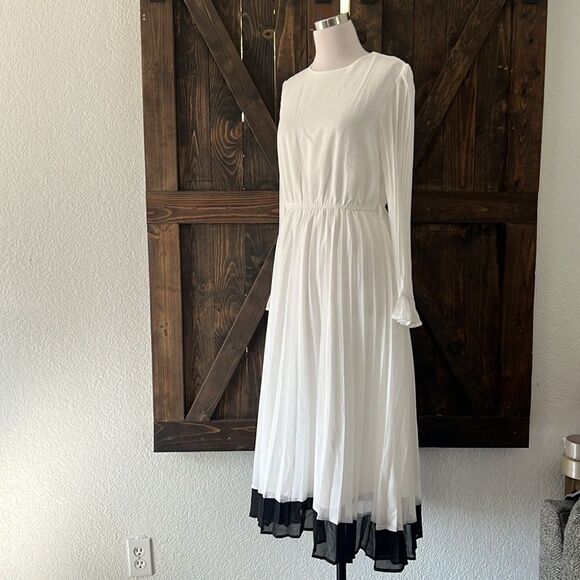 ZESICA Fall Long Sleeve Chiffon Casual Crew Neck Pleated A Line Flowy Midi Dress - Picture 3 of 12